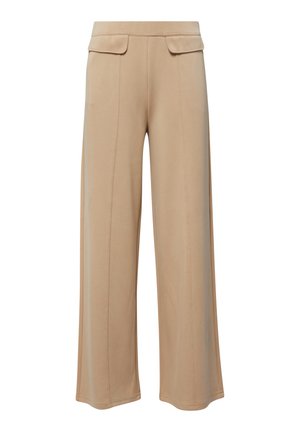 Beżowe spodnie o szerokich nogawkach z detalami przeszyć z przodu oraz dwoma kieszeniami z patkami na pasku.