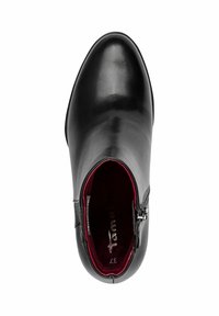 Botín negro de cuero hasta el tobillo con un acabado liso, punta afilada y cremallera lateral. El interior cuenta con un forro burdeos. Talla 37 indicada.