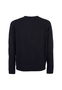 Maglione nero lavorato a maglia con maniche lunghe, collo rotondo, polsini e orlo a coste, con un sottile motivo testurizzato sul retro.