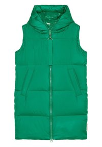 Grøn, polstret vest med høj krave, lynlåslukning foran og to sidelommer. Glat, quilted tekstur med en isoleret design.