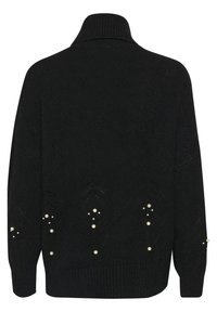 Svart stickad tröja med hög krage, prydd med dekorativa pärlaccent och texturerade mönster vid fåll och ärmar.