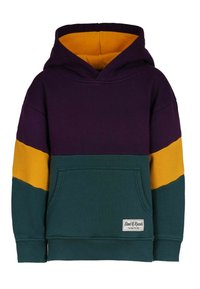 Huvtröja i lila, gult och grönt. Har en känguruficka, ribbade muddar och en etikett i nederkant. Tillverkad av bomull.