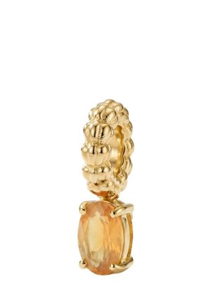 Goldener Creolen-Ohrring mit einem strukturierten Bläschen-Design und einem hängenden ovalen orangefarbenen Edelstein, der in goldenen Krappen gefasst ist.