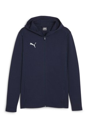 Marineblauwe zip-up hoodie van een zachte stof, met een wit logo, blauwe accenten en zijzakken. Inclusief een capuchon met trekkoord.
