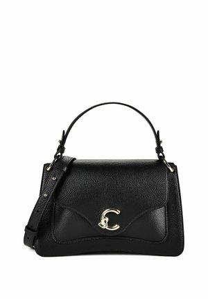 Black leather handbag with a curved flap, gold-tone CC logo clasp, top handle, and adjustable shoulder strap.