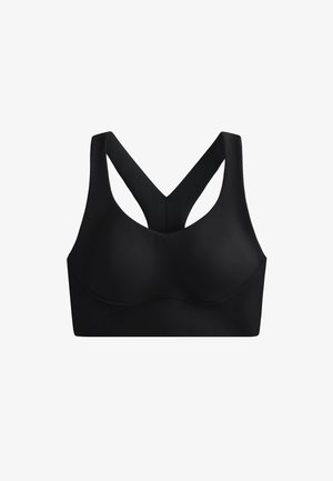 Czarny stanik sportowy o gładkiej fakturze, z szerokim skrzyżowanym designem pleców oraz bezszwowym przodem z okrągłym dekoltem.