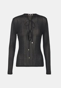 Schwarzes Langarmoberteil aus geripptem Stoff mit V-Ausschnitt und Vorderknotendetail. Mit goldfarbenen Akzenten und figurbetontem Schnitt.