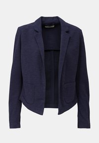 Blazer azul marino de tela texturizada con diseño ajustado, delantero abierto y dos bolsillos delanteros. Sin botones, ofrece una silueta limpia.