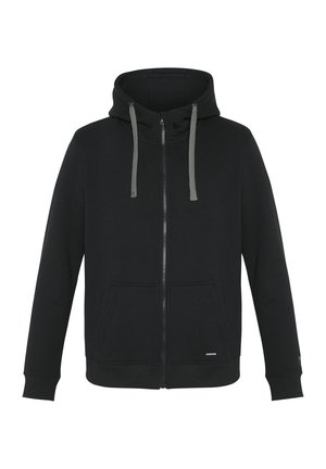 Black zip-up hoodie with a front pocket, grey drawstrings, ribbed cuffs and hem, and a smooth fabric texture. No patterns or accents.