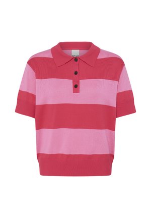 Trumpomis rankovėmis megztas polo marškinėlis su plačiomis horizontaliomis juostomis rožinės ir raudonos spalvos, trijų mygtukų įsiuvimu ir ribotais rankogaliais bei apačia.