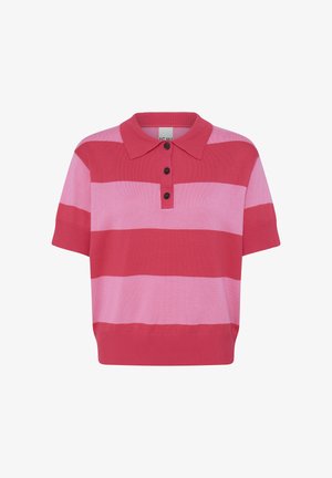 Īsām piedurknēm adīts polo krekls ar plašām horizontālām svītrām rozā un sarkanā krāsā, ar trīs pogu aizdari un ribotām aprocēm un apakšmali.