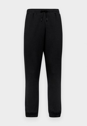 Fekete jogging nadrág puha anyagból, rugalmas derékkal, állítható zsinórral és szűkülő bokákkal.