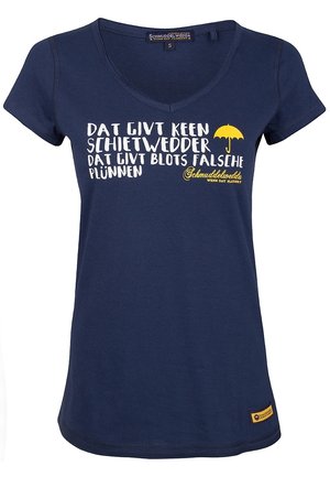 Marineblå V-hals T-shirt med hvid og gul tysk tekst samt en lille gul paraplygrafik foran.