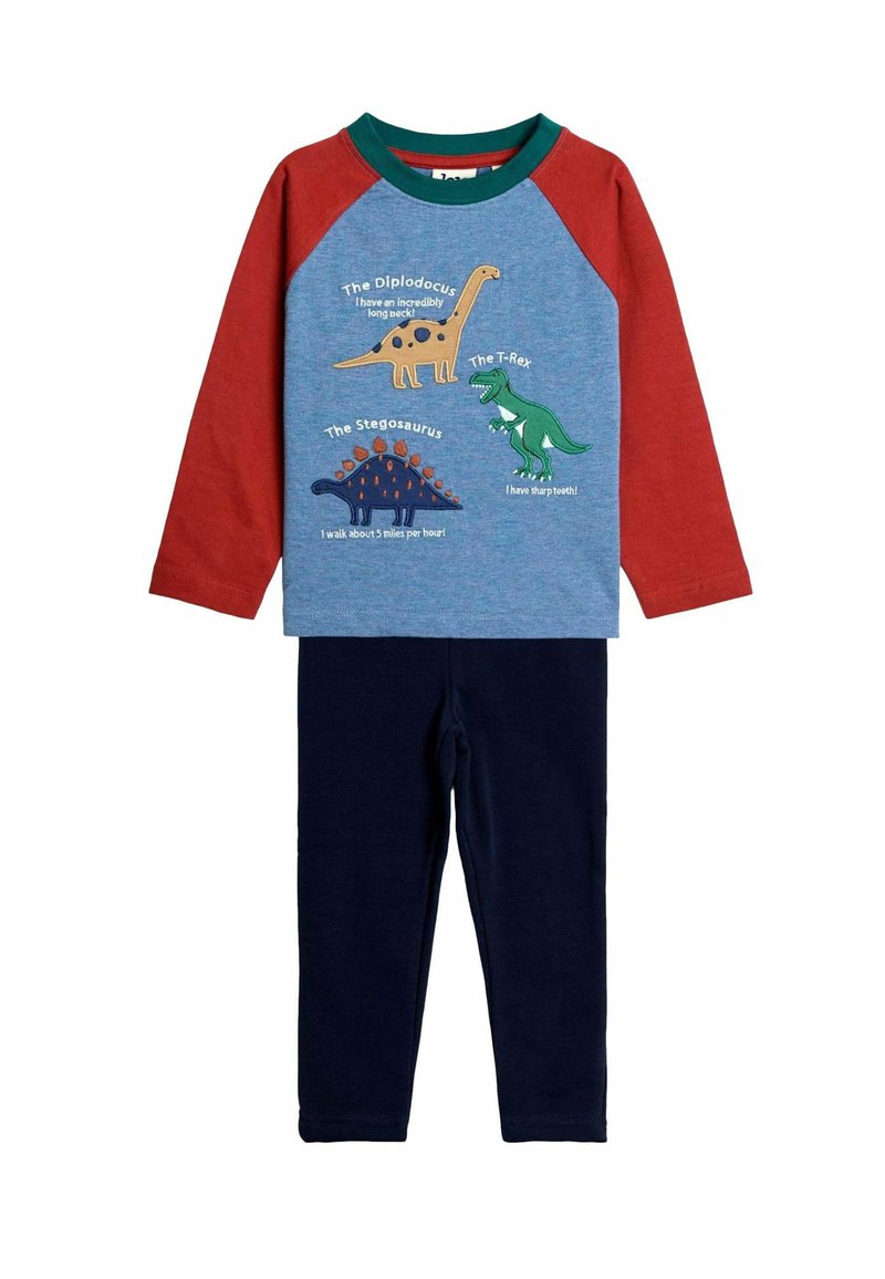 Laste kaheosaline pidžaama punaste varrukatega, sinine dinoosauriteemaline T-särk, millel on diplodookus, T-rex ja stegosaurus, koos tumesiniste pükstega.
