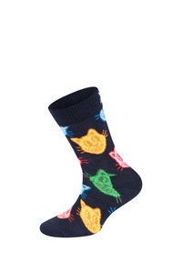 Ponožky s barevnými kočičími tvářemi v oranžové, žluté, zelené a modré barvě na tmavém pozadí, které ukazují hravý design.