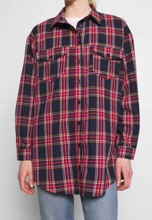 Langärmliges Hemd mit Knöpfen, rot-navy-weiß kariert, zwei Brusttaschen, getragen über hellblauen Jeans.