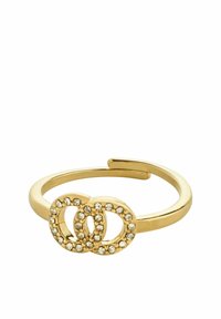 Guldtonet ring med to sammenflettede cirkler pyntet med klare rhinsten, med en glat ring og et minimalistisk åbent design.