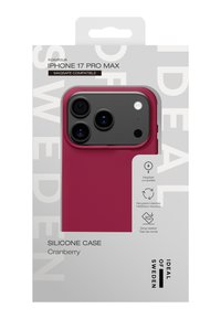 Custodia per smartphone in silicone color mirtillo rosso per iPhone 17 Pro Max, caratterizzata da una texture liscia, bordi arrotondati e compatibilità MagSafe. Confezionata in una scatola grigia.