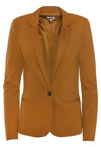 Hořčicově žlutý sáčko s jedním knoflíkem a klopami. Obsahuje dvě přední kapsy a hladkou, strukturovanou tkaninu.