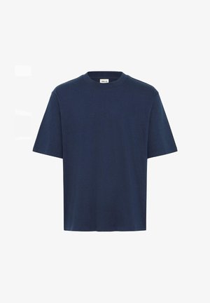 Marineblå bomulds T-shirt med rund hals, korte ærmer og en afslappet pasform. Enkelt design, ingen bemærkelsesværdige mønstre eller accenter.