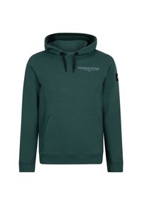 Kapuzensweatshirt aus dunkelgrünem Baumwollmix. Mit einer Fronttasche, schwarzen Kordeln und weißen Textdetails auf der Brust. Mit gerippten Bündchen und Saum.