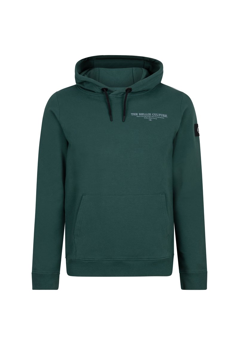 Kapuzensweatshirt aus dunkelgrünem Baumwollmix. Mit einer Fronttasche, schwarzen Kordeln und weißen Textdetails auf der Brust. Mit gerippten Bündchen und Saum.