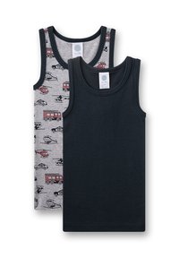 Two sleeveless cotton tank tops: one gray with red and black vehicle graphics, the other solid black with a classic round neckline.