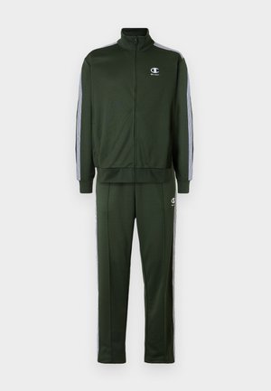 Dark green tracksuit made of stretchy fabric. Features a zip-up jacket with a high collar and side stripes. Trousers have an elastic waistband.