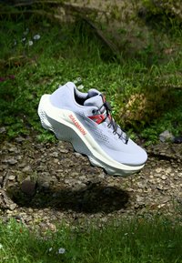 Chaussure de sport gris clair avec un dessus texturé, une semelle intermédiaire blanche en amorti et des lacets noirs. Présente des accents rouges et un logo bien en vue.