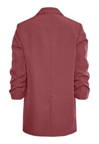 Vue arrière d'un blazer rose poudré à manches longues avec manches froncées et col cranté sur fond blanc uni.