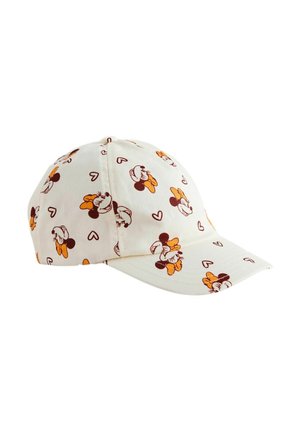 White baseball cap with repeated cartoon mouse faces wearing orange bows and small heart shapes scattered around.