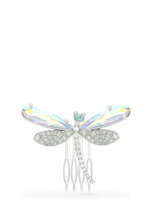 Drachenfliegenförmiger Haarkamm mit irisierenden oberen Flügeln und mit Kristallen besetzten unteren Flügeln und Körper auf weißem Hintergrund.