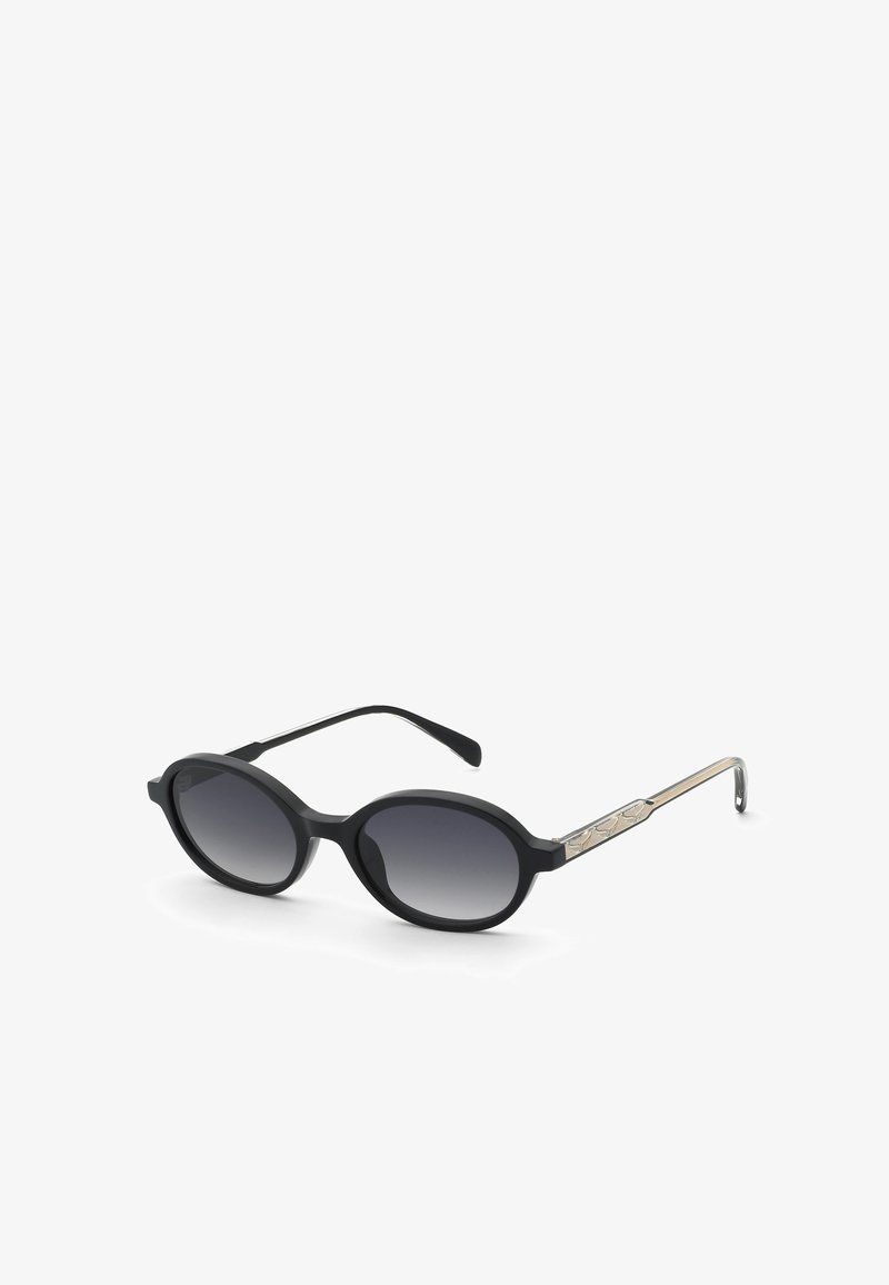Oval black sunglasses with gradient dark lenses and silver decorative metal arms, shown on a white background.