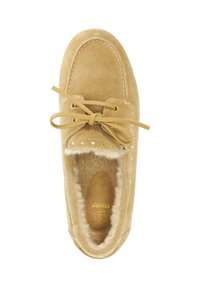 Suede slipper in light tan with rounded toe, lace closure, and golden studs along the edge. Interior lined with soft, fluffy material.