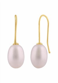 Złote kolczyki na haczyku z gładkimi, owalnymi różowymi perłami o wypolerowanym wykończeniu, zawieszone na cienkim złotym druciku. Prosty i elegancki design.