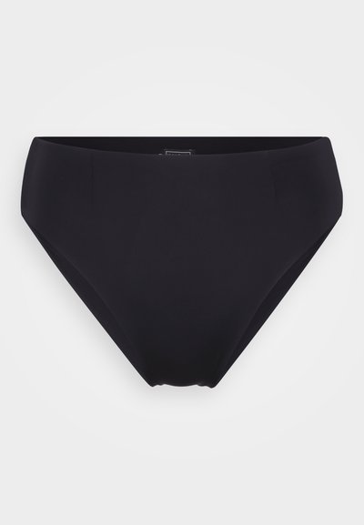 Schwarzer Bikini-Unterteil aus glattem, dehnbarem Stoff. Breiter Bund und moderates Design mit Abdeckung. Keine sichtbaren Muster oder Hardware-Details.