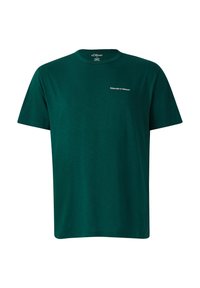 Dunkelgrünes T-Shirt mit Rundhalsausschnitt und kurzen Ärmeln. Mit weißem Text "Subscribe to Nature" auf der linken Brustseite. Weicher Stoff.