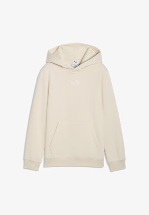 Bež kapucar Puma z žepom spredaj, dolgimi rokavi in kapuco, z majhnim belim logotipom Puma na sredini prsnega koša.