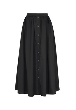 Melnas, potītes garuma svārki, izgatavoti no gludas auduma, ar savilktu jostu un priekšējo pogu slēgšanu ar sudraba pogām.