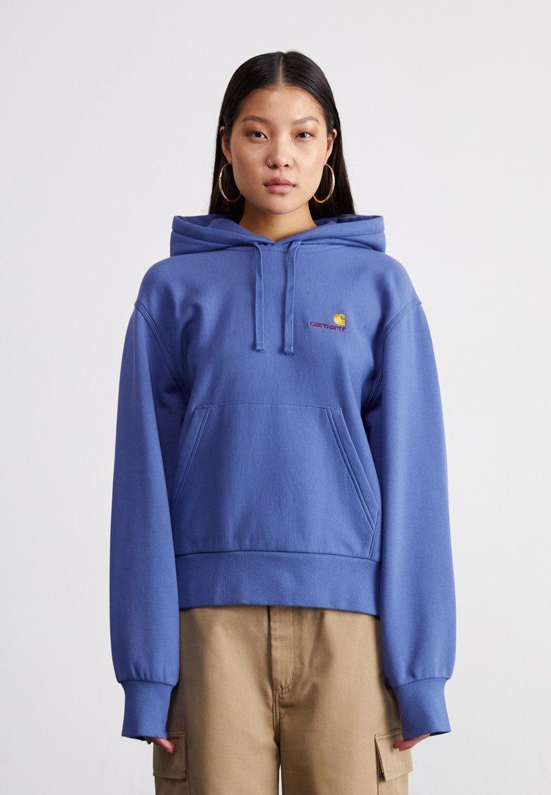 Blue hooded sweatshirt with a front pocket and ribbed cuffs. Features a small logo on the chest. Soft fabric with a relaxed fit.