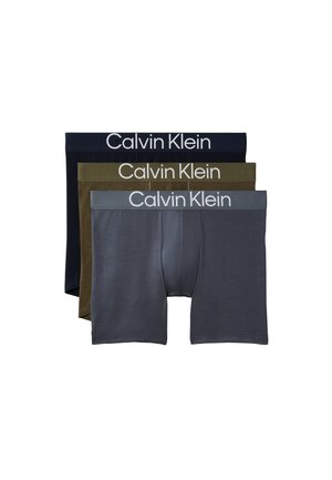 Tre paia di boxer da uomo in grigio, verde oliva e nero con fascia elastica in vita con il marchio Calvin Klein.