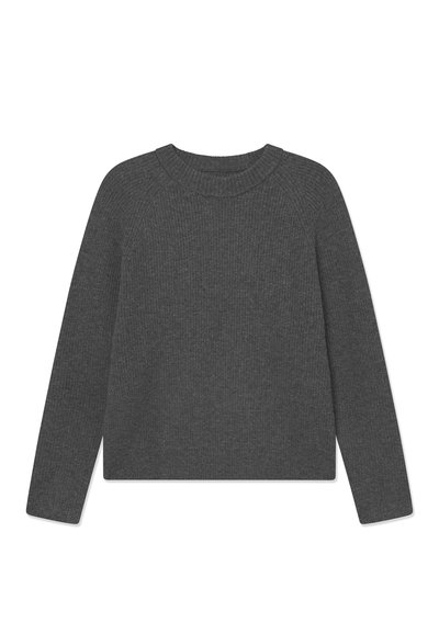 Szary sweter w prążki z długimi rękawami, okrągłym dekoltem i luźnym krojem. Tekstura wydaje się miękka i dziana, idealna do codziennych stylizacji.