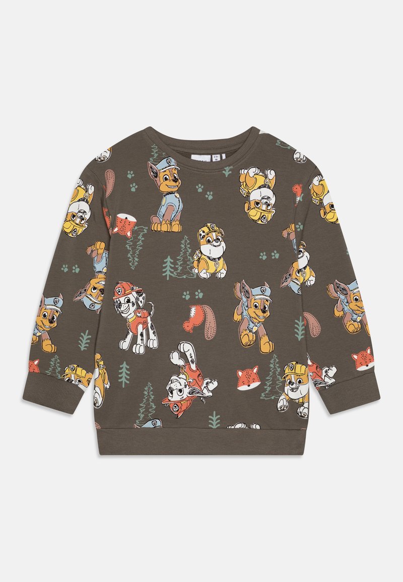 Sivá kapuca s risanimi kužki v različnih pozah, z zelenimi drevesi in ilustracijami lisic, okroglim vratnim izrezom in dolgimi rokavi.