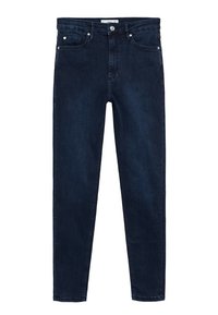 Jean denim bleu foncé slim-fit avec bouton frontal et poches, présenté à plat sur fond blanc.