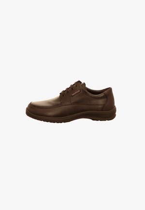 Brown leather shoe with a rounded toe, six eyelets, and a cushioned sole. Features minimal stitching and a subtle logo on the side.