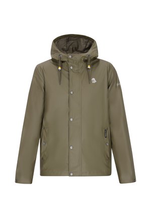 Groene waterdichte jas met capuchon, voorzien van drukknoopsluiting aan de voorkant, een verstelbare trekkoordcapuchon en twee zijzakken.