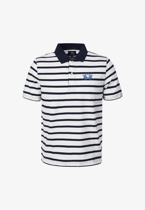 Wit en marineblauw gestreept poloshirt met korte mouwen, marineblauwe kraag en geborduurd blauw ruiterslogo op de linkerborst.