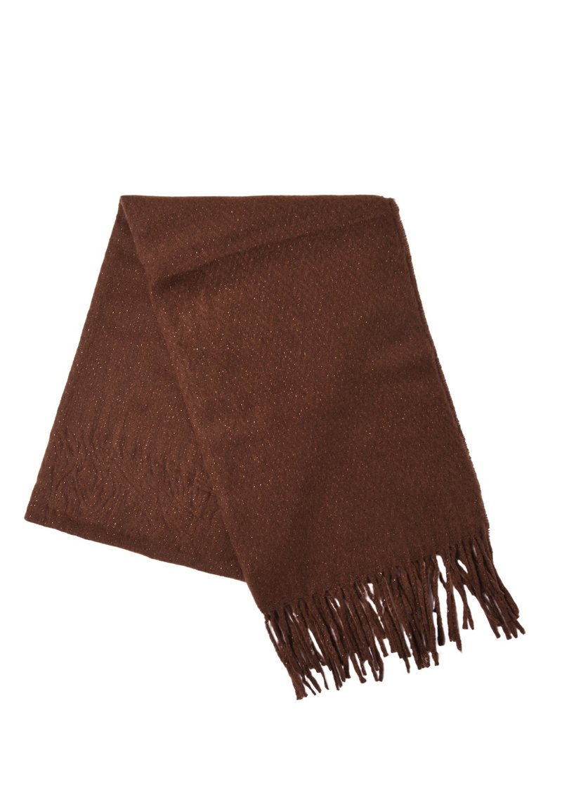 Sciarpa a maglia marrone con bordi frangiati, caratterizzata da un motivo testurizzato e un sottile dettaglio in filo metallico, che conferisce un aspetto morbido e caldo.