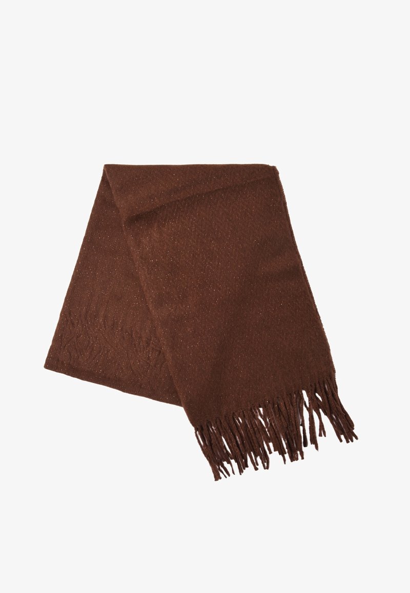 Sciarpa a maglia marrone con bordi frangiati, caratterizzata da un motivo testurizzato e un sottile dettaglio in filo metallico, che conferisce un aspetto morbido e caldo.