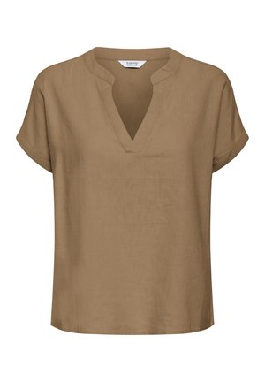 Blouse marron à manches courtes avec encolure en V et coupe décontractée, en tissu léger.